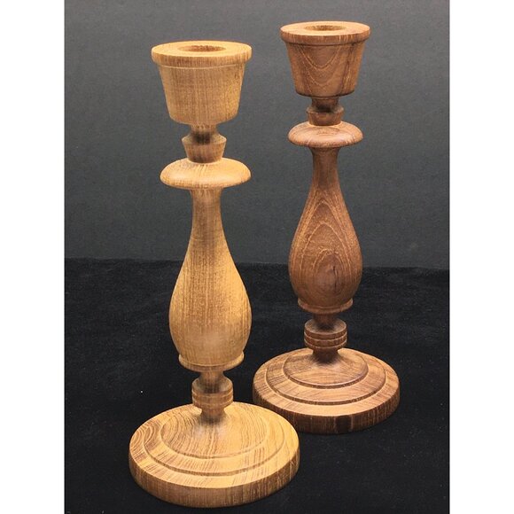 Vintage Hand Turned Wooden Candlesticks Taper Holders Two-Toned 7.5" Tall - Picture 11 of 16